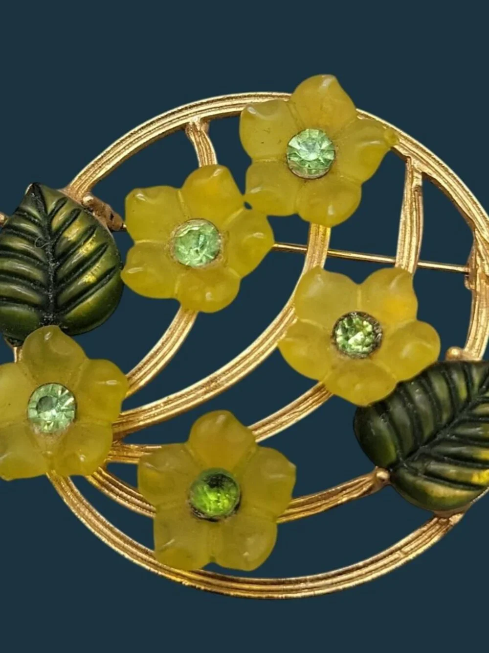 VTG Lucite Flower Wreath Brooch Gold Tone Molded Glass Leaf Circle Pin Unsigned